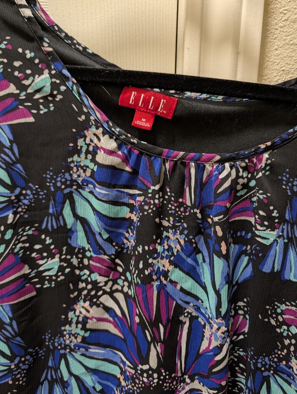 ELLE Black Blouse with Blue, Teal & Purple Floral Print